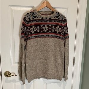 American Eagle Outfitters Beige and Red Patterned Crewneck Sweater